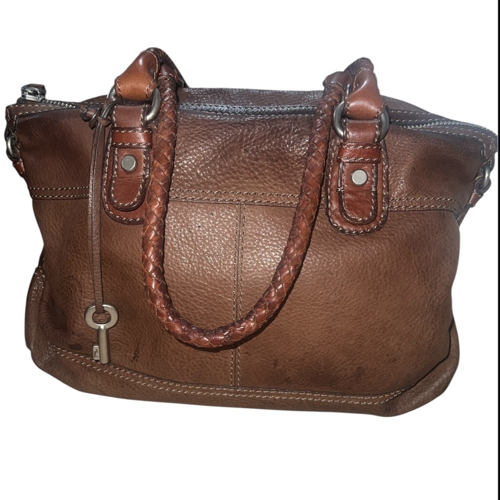 Vintage Fossil Brown Pebbled Leather Satchel Braided Handles Key Charm